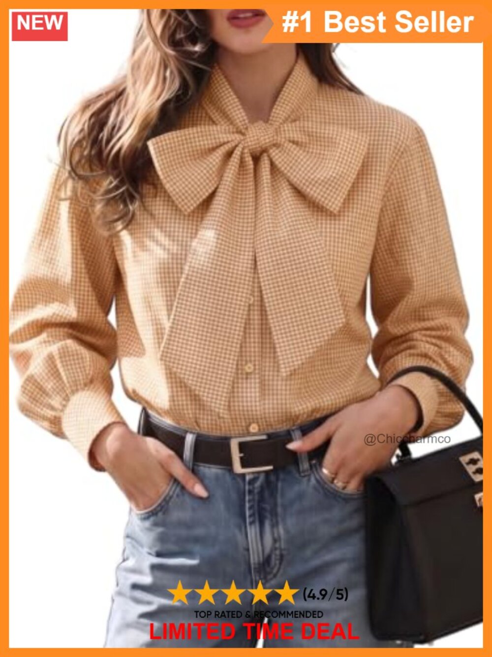 Oversize Plaid Button Down Blouse Bow Tie Neck Long Sleeve Shirt Polyester